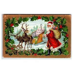 Vintage 1911 Embossed Santa Claus Christmas Postcard with Reindeer and Sled